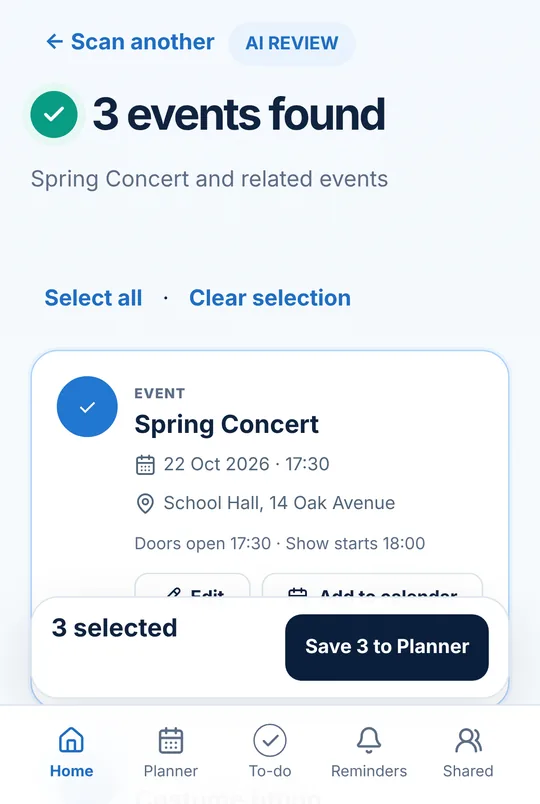AI review after scanning a school concert invitation: 3 events found, Spring Concert 22 Oct 17:30 at School Hall